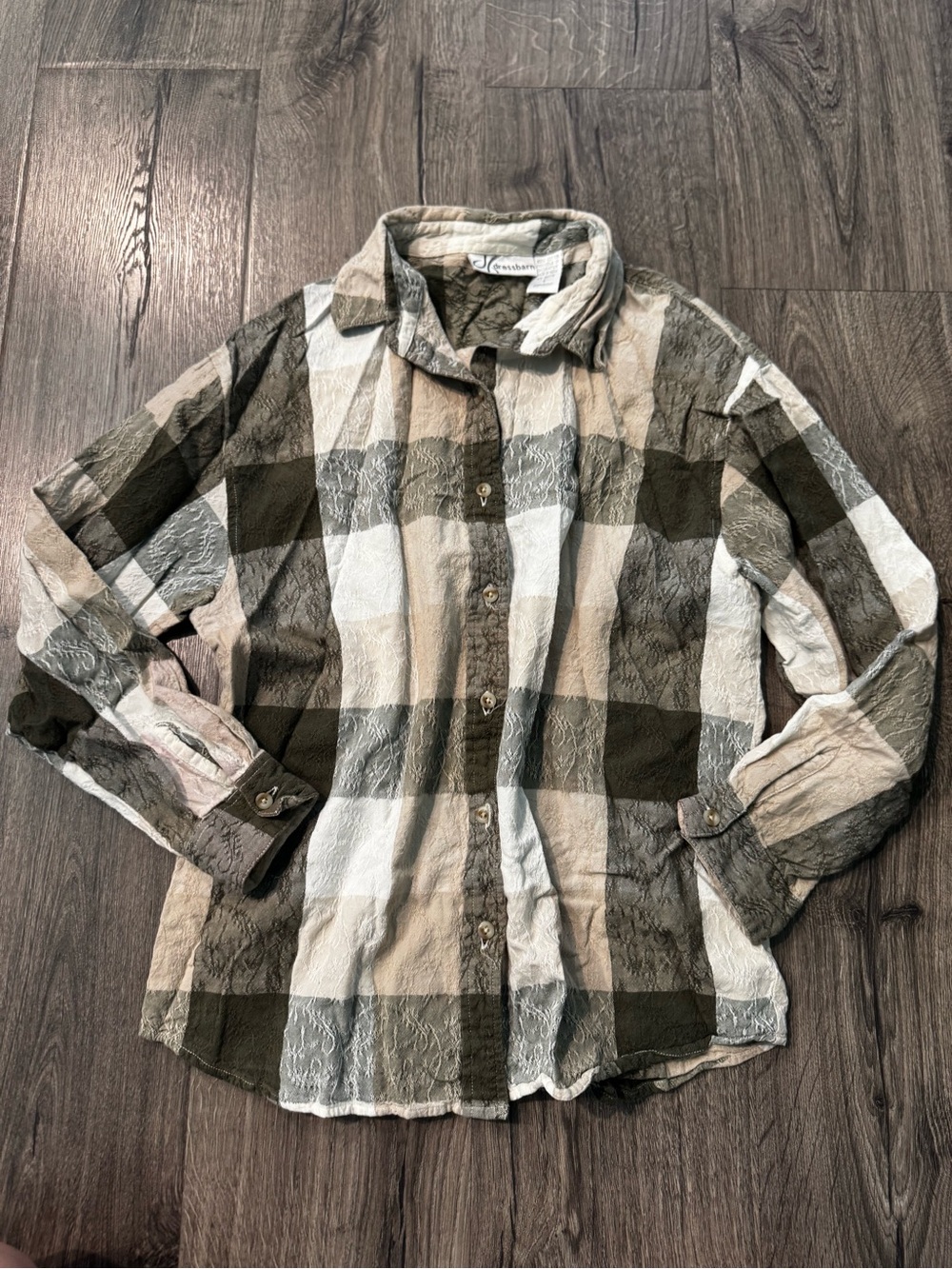dressbarn Plaid Button-Up Shirt in Olive, Cream & Gray size large 100% cotton